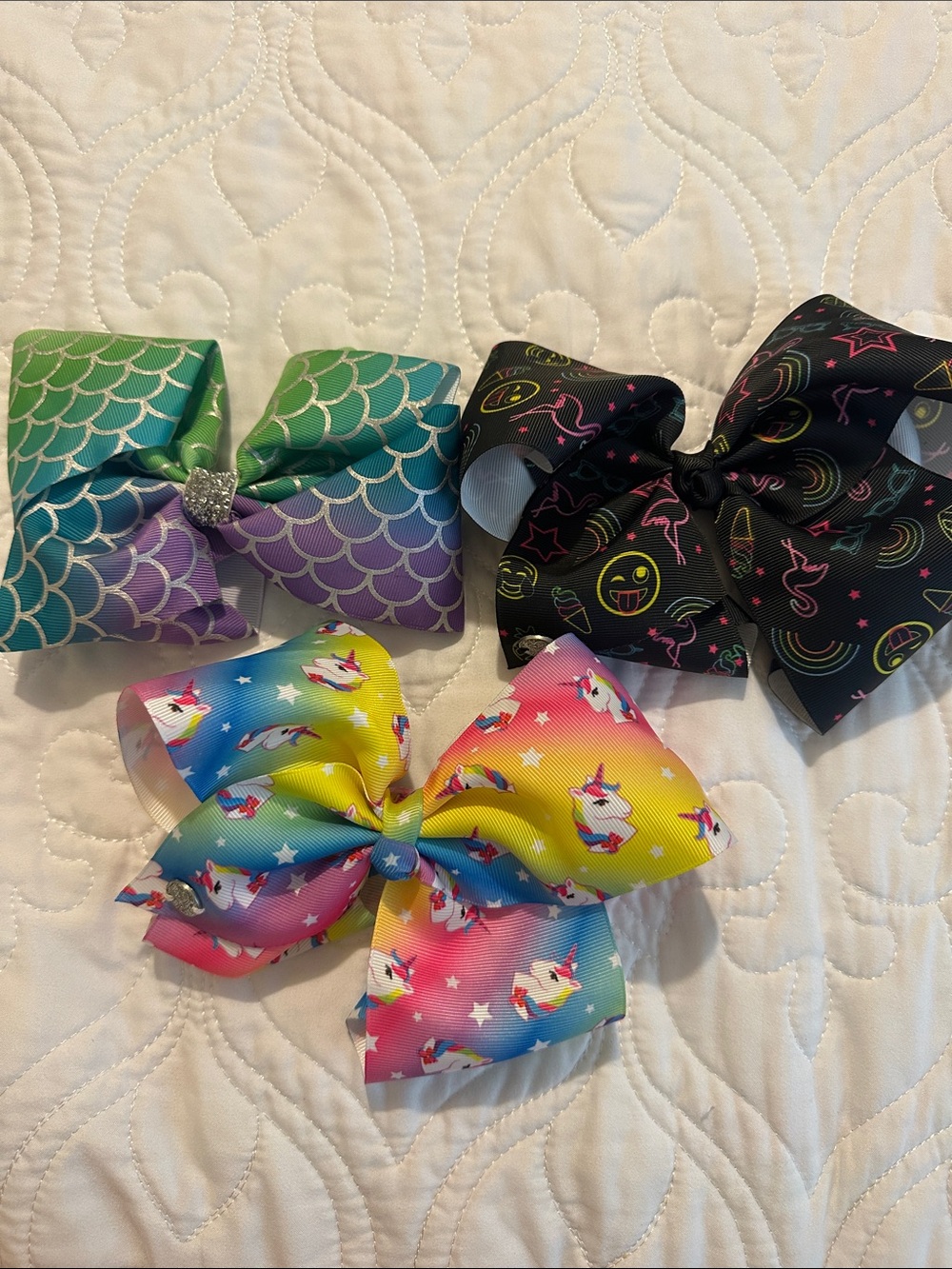 JoJo Siwa Rainbow Unicorn, Mermaid Green & Black Emoji Hair Bows